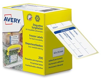 AVERY - 200 Étiquettes Surgelation Traçabilité Pré Imprimées en Rouleau Blanches - Format 65 x 35 mm - Utilisation professionnelle (Restaurant) ou à la Maison