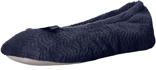Isotoner - Chaussons ballerines Gemma en micro-éponge et mousse à mémoire de forme confortable, semelle en daim, pour femme, Bleu marine/chevrons, 6.5-7.5