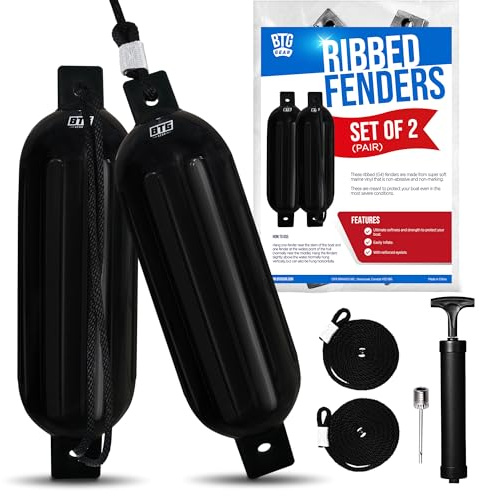 BTG Gear Set of 2 Pack 6.5 Inflatable Large Boat Fenders Bumpers for Docking w/Free 6 ft Fender Lines & Pump (Black)