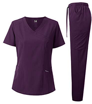 Dagacci Medical Uniform Women's Scrub Set 4-Way Stretch Y-Neck Stitch Tape Top and Pants (Egg Plant, Large)