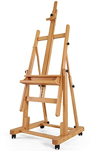 VISWIN Professionelle H-Staffelei Holz Extra groß, In Waagerechte, Verstellbare & Rollen Atelierstaffelei aus Buchenholz mit Ablage, Malstaffelei Stabil für Erwachsene, Künstler, Maler, Leinwand