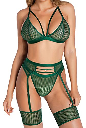 JFAN Completo Intimo Donna Lace Babydoll Reggiseno in Pizzo Lingerie a Rete con Ritaglio 3 Pezzi Verde S-M