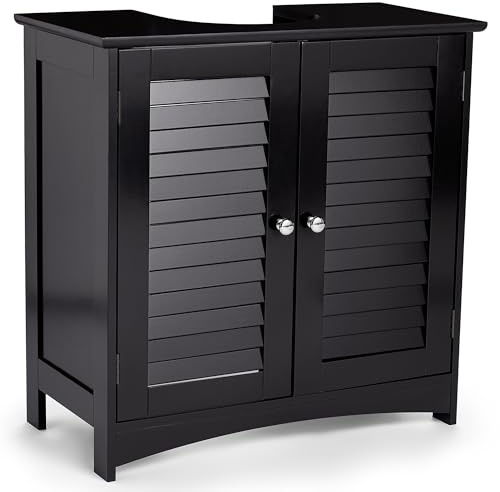 VonHaus Under Sink Bathroom Cabinet – Black Under Sink Storage for Bathroom - Freestanding Under Basin Cabinet with 2 Internal Shelves & Shutter Style Doors – Under Sink Cupboard – Shrewsbury