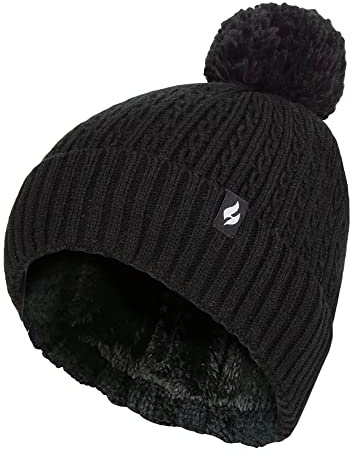 HEAT HOLDERS - Ladies Cable Knit Turnover Pom Pom Hat One Size Black