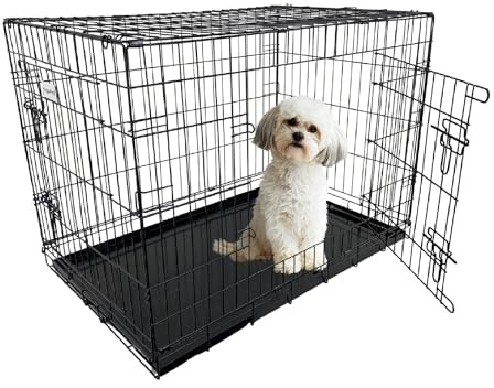 HugglePets Black Metal Dog Puppy Cage Foldable Small 61cm Dual Door with Locks, Car Home and Travel Crate