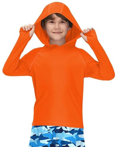 BesserBay Kinder Jungen UV Shirt Kapuzen mit UV-Shutz UPF 50+ Schwimmshirt Orange Bademode Rashguard 160