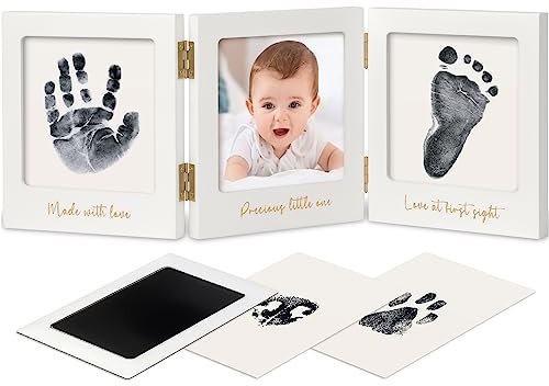Baby Handabdruck und Fußabdruck Set – Clean Touch Stempelkissen Baby Hand und Fuß für Neugeborene, Handabdruck Baby Bilderrahmen Abdruckset, Baby Fussabdruck Set für Newborn Baby Shower (White/Gold)