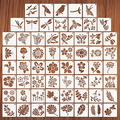 60 pièces de fleurs Pochoirs Petit set de peinture, Nature Plantes Fleur Feuilles Insectes Dessin Pochoirs réutilisables en plastique Modèles pour pierres Peindre bois Sol Meubles Décoration murale