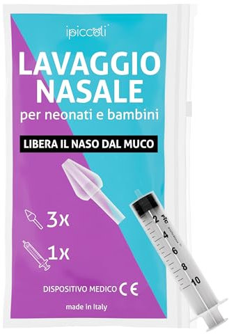 IPICCOLI Set Lavaggio Nasale Bambini e Neonati. Kit Pulizia Nasale con Olive Nasali per Lavaggi Neonato e Siringa per Lavaggi Nasali Bambini. Metodo Naturale. Anallergico. Certificato. Ecosostenibile