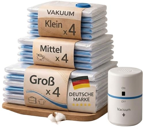 GERMALY Vakuumbeutel Kleidung Vakuumbeutel Set 12er mit elektrischer Pumpe (3x Jumbo 100x80 cm, 3x XL, 3x L, 3x M) | platzsparend bis 80% | luftdicht wiederverwendbar für Bettdecken & Textilien