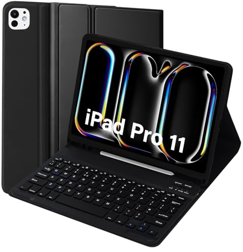 KTOITION Fodral med tangentbord för iPad Pro 11 tum M5/M4 (2025/2024) – magnetiskt avtagbart tangentbord med övre pennfack, ultratunt skyddsfodral med automatisk vila/vakna – svart