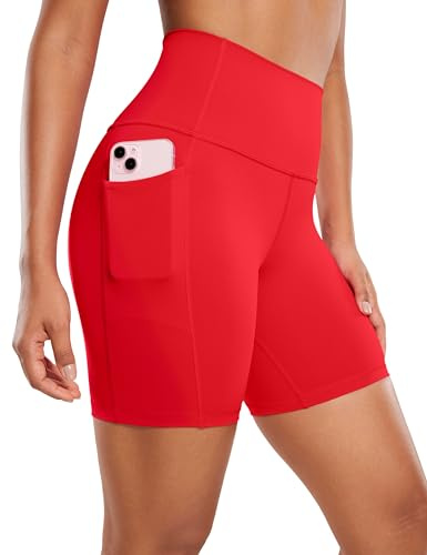 CRZ YOGA Mujeres Yoga Pantalones Cortos - 15 cm Cintura Alta Motociclista Pantalones Cortos con Bolsillos Rojo Profundo 40