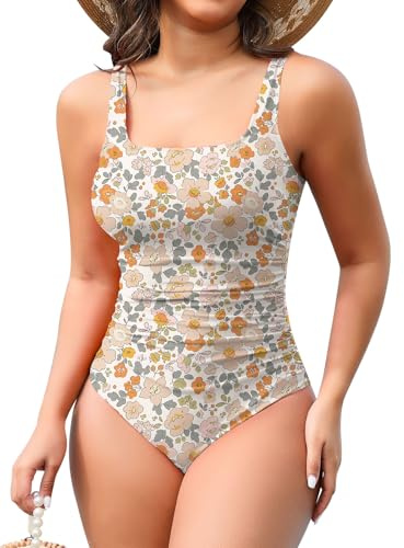 Joyshaper baddräkt för kvinnor en del mage väg badmode kantig urringning monokini rygglös baddräkt shapewear, Blommor/kantig hals, XL