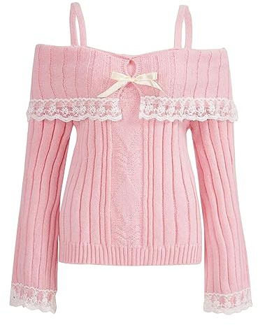 SYHVGI Women's Off The Shoulder Sweaters Long Sleeve Contrast Lace Knit Pullovers Bow Front Jumper Cold Shoulder Tops