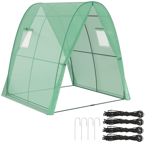 Outsunny Gewächshaus mit Rolltür, 2 Fernster, winterfest Foliengewächshaus aus Stahl, Treibhaus für Balkon, Garten, Tomatenhaus 180 x 180 x 200 cm, Tomatengewächshaus für Tomaten, Gemüse, Blumen, Grün