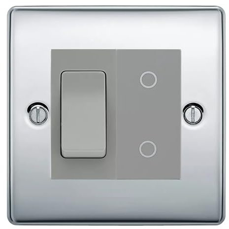 BG Polished Chrome 2 Gang Custom Switch 1x 2 Way Switch 1x Secondary Touch Dimmer Grey Inserts