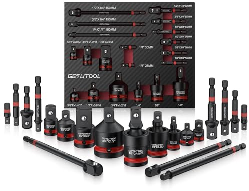 GETLITOOL Set 20PZ Adattatori per Bussole Chiavi in Acciaio, Include 11 Barre di Estensione 1/2+3/8+1/4 con Codolo 1/4-inch (25-150mm), 6 Adattatori F/M e 3 Giunti Cardanici 1/2 3/8 1/4