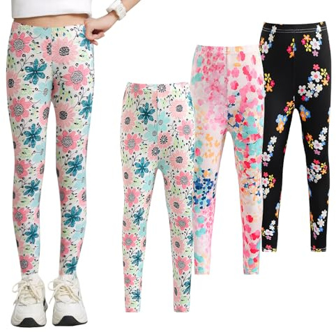 NEAWEALY Flickleggings, barn, sportleggings, långa joggingbyxor, elastiska sportbyxor, ogenomskinliga byxor, fritid, sovbyxor, 3-pack, Blommönster, 7-8 år