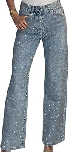 Sparkly Jeans Rhinestone Jeans Womens High Waisted Rhinestone Pants Baggy Straight Wide Leg Shiny Diamond Casual Denim Pants Sparkly Bling Glitter Boyfried Trousers Straight Leg Streetwear