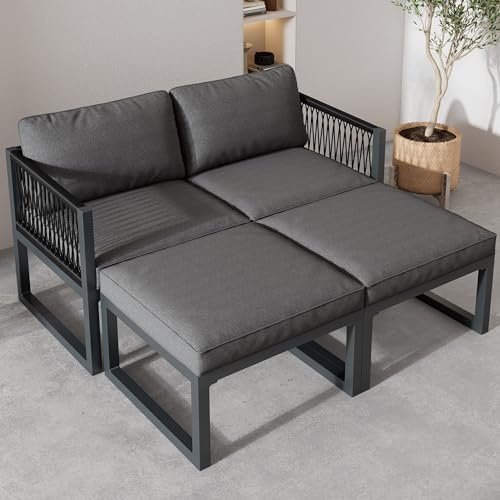 Goldicoo Set med trädgårdsloungesäten, 2 fåtöljer, 2 fotpallar, PE-rotting, metallram, justerbar, 66 x 60 x 64 cm