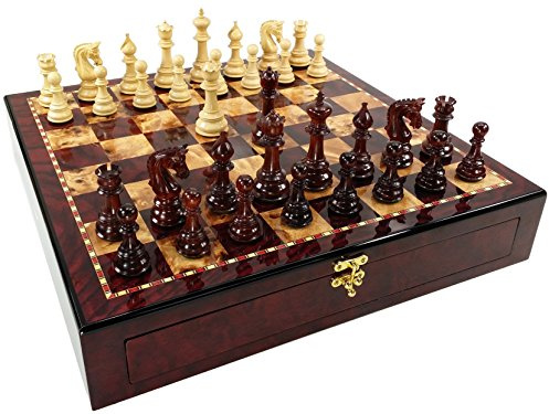 4 Queens - Large 4 3/8 King Staunton Luxury Bud Rosewood Chess Men Set W/ 20 Cherry Color Storage Board