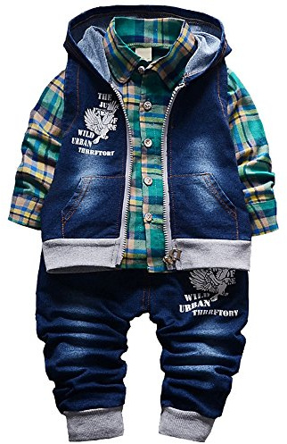 Yao Printemps Automne bébé garçons 3 pièces Ensemble de vêtements Chemise en Coton Jean Denim Gilet (1-2 Ans, Vert)