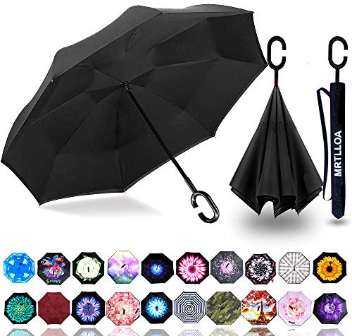 MRTLLOA 40/49/56 Inch Oversize Windproof Inverted Reverse Upside Down Umbrella, Golf Size Rain Umbrella, Double Layer, C-Shaped Handle for Men, Women and Kids(Black, 49 Inch)