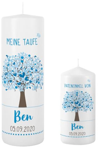 Striefchen® Taufkerze 250/80 mm mit Lebensbaum und Aufdruck des Namen und Datum sowie Taufspruch Set mit Patenkerze Blau