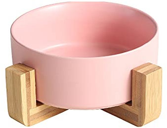 ciotola singola per cani e gatti in ceramica da 850ML in bambù, rialzata e sollevata da terra, base antiscivolo con 4 cuscinetti (SINGOLA 15.5 CM, ROSA)
