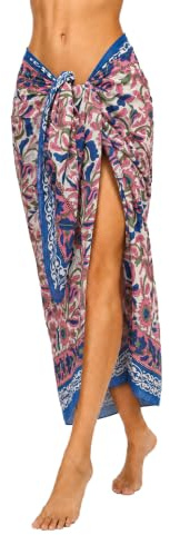 FIKIMOS 100 % bomullsblock tryck sarong baddräkt omlott täcka långt damkläder tyg (185 cm x 112 cm), Rosa-1, one size