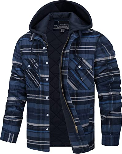 TACVASEN Men's Jacket Plaid Flannel Shirts Long Sleeve Hooded Lumberjack Jacket Checked Button Shirt Jacket with Pockets Blue Grey