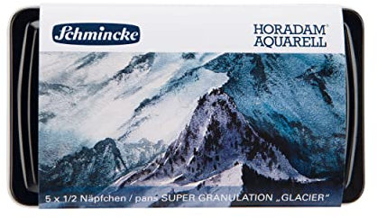 Schmincke – HORADAM® AQUARELL, Super Granulation Set Gletscher, 5 x 1/2 Näpfchen + Pinsel, 74 603 097, Metallkasten, sehr stark granulierende Farbtöne
