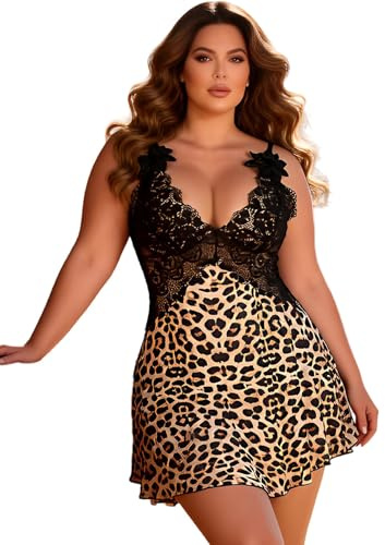 ohyeahlady Camicia da Notte Donna Leopardato Pizzo Taglie Forti Babydoll Hot Curvy con Spalline Regolabili Vestaglia Sexy Lingerie Sexydonna Hot Biancheria Intima con Perizoma(Leopardato,XS-S)
