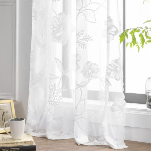 Treatmentex Spitze Vorhang Jacquard Gardinen mit Ösen Weiß 3D Blumenmuster Halbtransparente Vorhänge Vintage Romantisch Dekoschal Ösenvorhänge für Mädchenzimmer Wohnzimmer,2 Stücke,140×225CM(B×H)