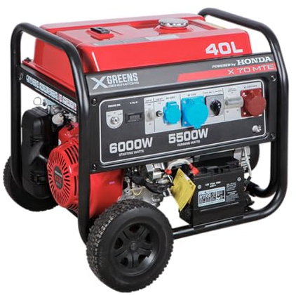 XGREENS Generador de corriente (gasolina) X70MTE (máx. 6.000W, depósito 40 l, AVR, Powered by Honda, eléctrico, ruedas, alerta aceite, trifásico, 3 tomas 230/400V, protección térmica y panel digital)