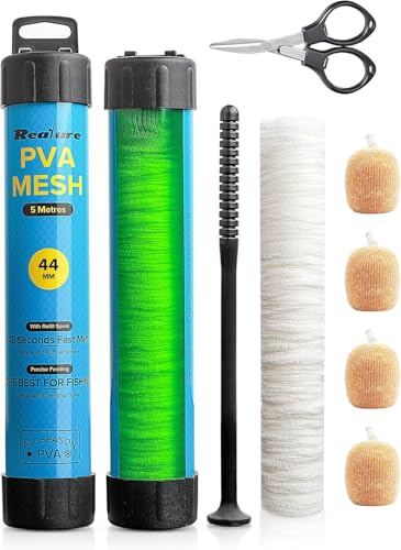 Realure Juego de Pesca de Red PVA de 5 m con Tijeras, 18/25/37/44 mm de Ancho, Accesorios de Malla de PVA con Sistema de Embudo y mortero, Bolsa de PVA de fusión rápida, Bolsas de PVA