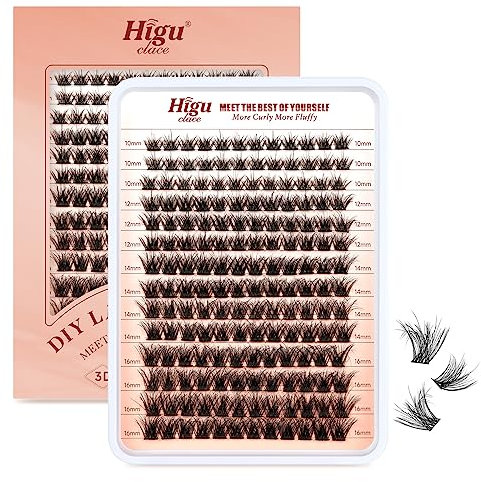 Higu clace Wimpern Einzeln, 168 Stücke Wimpern Cluster 3D flauschig D Curl Wimpern Extension Mix10-16mm Länge, dichte Individuelle Wimpern für DIY zu Hause (3D Voluminös mix 10-16mm)