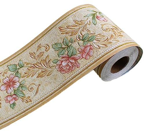 DHHOUSE 3D Beige Flower Wallpaper Border， Peel and Stick Wall Border for Ceiling Bathroom Living Room 10cm by 5meter (Beige Style)