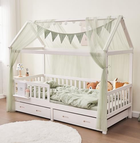 ALAVYA HOME® 4-TLG Hausbett Deko Set mit 2 Stück Betthimmel I 1 Stück Wimpelkette 300cm cm lang für Kinderbett Kinderzimmer I Wimpelkette 100% Bio-Baumwolle I 150 x 350 cm I mit Lichterkette I Khaki