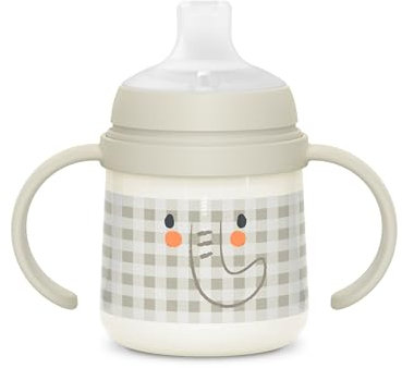 Suavinex, Vaso Aprendizaje Bebé, Biberón con Asas que Brilla en la Oscuridad, con Boquilla Antiderrame de Silicona y Válvula Anti-Cólico, para Bebés +6 Meses, Ideal para Usar por la Noche, Gris