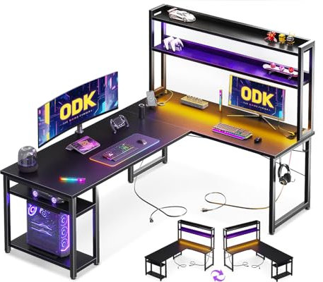 ODK Gaming Tisch Mit LED, 168×120 cm Reversibel Schreibtisch L Form Mit Steckdosenleiste, Eckschreibtisch Eckschreibtisch Mit Aufsatzregal Für Spielzeugfiguren, Schwarz