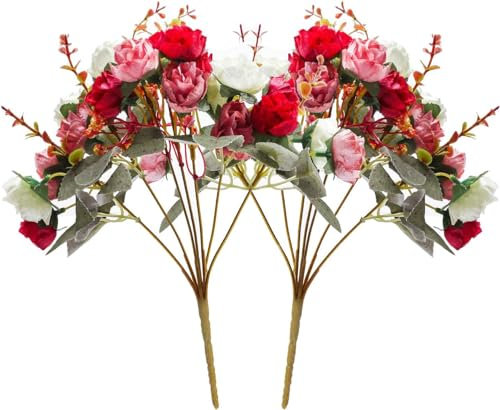 Lot de 21 têtes de roses artificielles en soie - 2 paquets de fleurs artificielles - Petits bouquets de fleurs artificielles - Bouquet de fleurs artificielles - En plastique réaliste - Pour maison