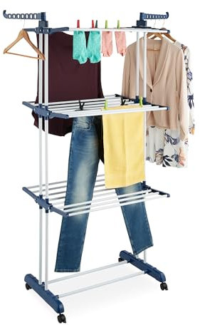 Relaxdays Wäscheständer, ausklappbare Flügel, HBT: 179 x 126 x 63,5 cm, Metall, rollbarer Turmwäscheständer, weiß/blau