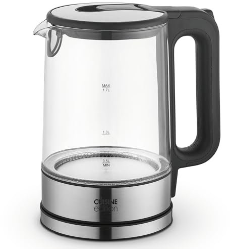 CUISINE EDITION Wasserkocher aus Glas | Mit 360°-Sockel und LED-Anzeige | Edelstahlelemente | 1,7 Liter | Wasserkocher Glas, Wasserkocher Edelstahl, Heisswasserspender, Water Boiler, Teekocher