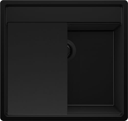 PRIMAGRAN Evier Cuisine en Granit au Meuble 60cm + Kit de Vidage, 56x53cm | Set: Kit de Vidage (Siphon, bonde d’évacuation, trop-plein) + Planche à Découper + Lavabo 1 Bac - Bergen, Tout Noir