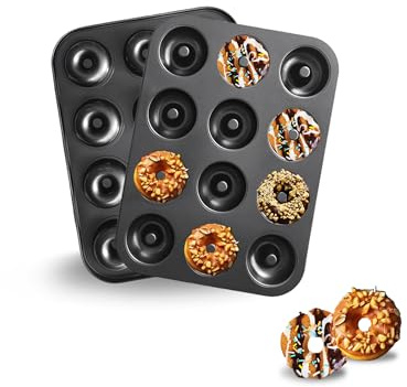 JSJMOFA 2-Pack Donut Pans for Baking - 12-Cavity Nonstick Carbon Steel Doughnut Trays, Deep Molds for Mini Bagels, Cakes & Homemade Baked Treats, 24 Cavities Total (Black)