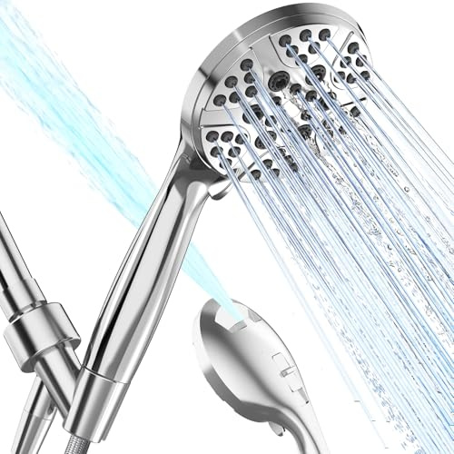 High Pressure Shower Head with Handheld, 6 Spray Modes & Pause Button, 4.1” Rainfall Detachable Showerhead with Anti-burst Nylon Hose & Holder, Premium ABS, Anti-Clog Nozzles, for Low Water Pressure