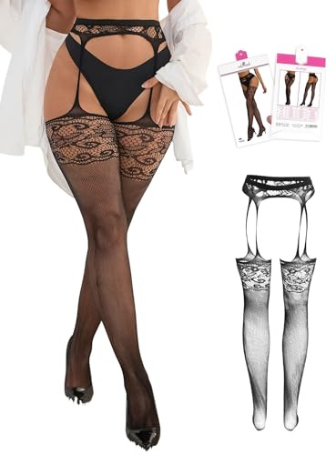 ohyeahlady Suspender Tights for Women Sexy Patterned Garter Pantyhose Black Stretch Fish Net Stockings Black Plus Size Tights UK 14-18