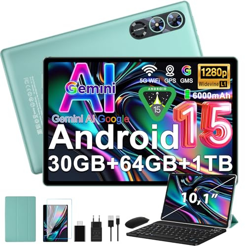 fezawio Android 15 Tablet 10 Pulgadas Gemini AI, Tablet PC Octa-Core, 30 GB RAM + 64 GB ROM (1TB TF), 3.5mm Audio/GMS/WiFi 6 & BT 5.0 / 6000mAh / GPS/Widevine L1, Tableta con Teclado-Verde