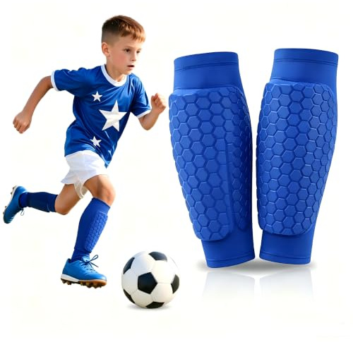 Espinilleras de Fútbol, Espinilleras Futbol Niño, Profesionales Espinilleras Transpirables Antideslizantes, Protecciones Anticolisión Celular para Fútbol, Baloncesto, Voleibol (Azul, S)